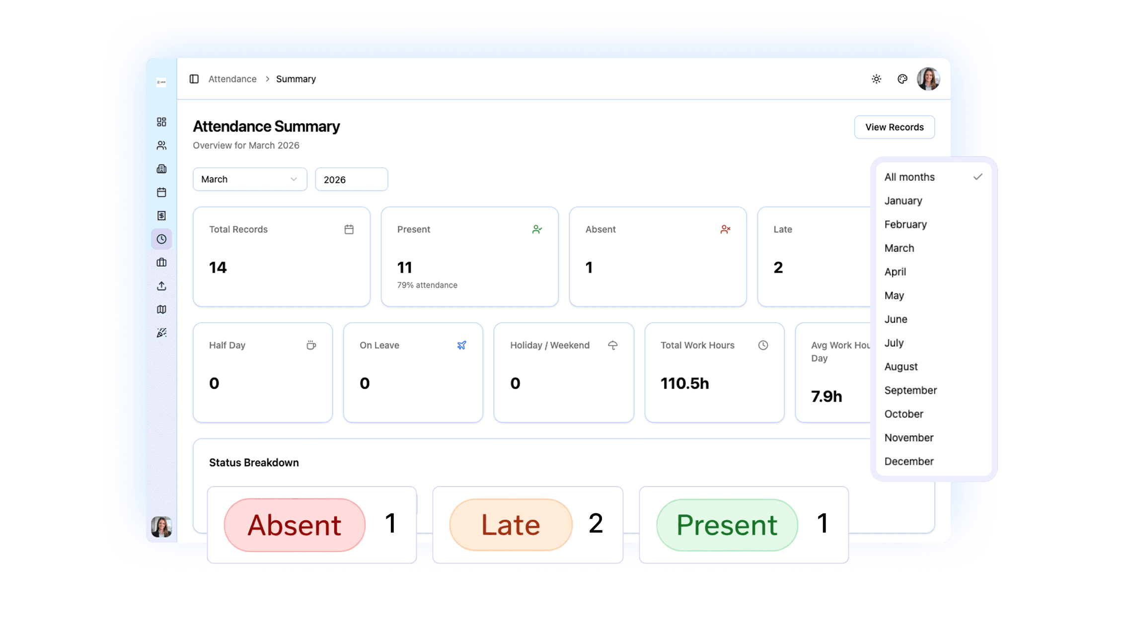 View attendance summaries for employees