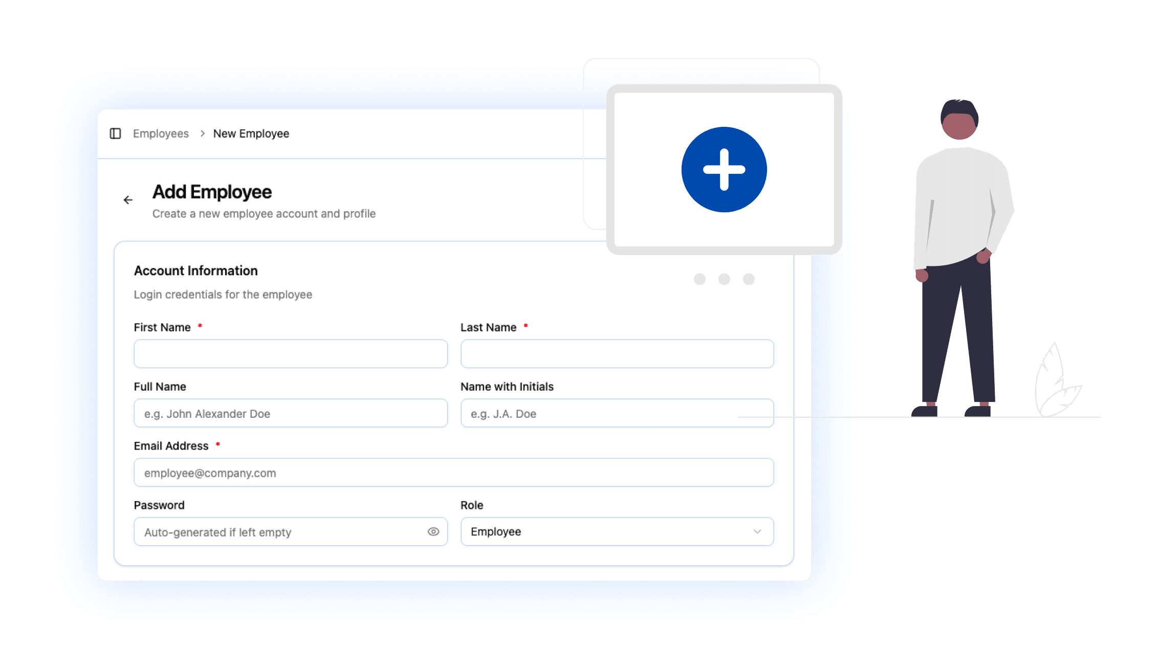 Create and manage employee profiles with contact details and employee IDs